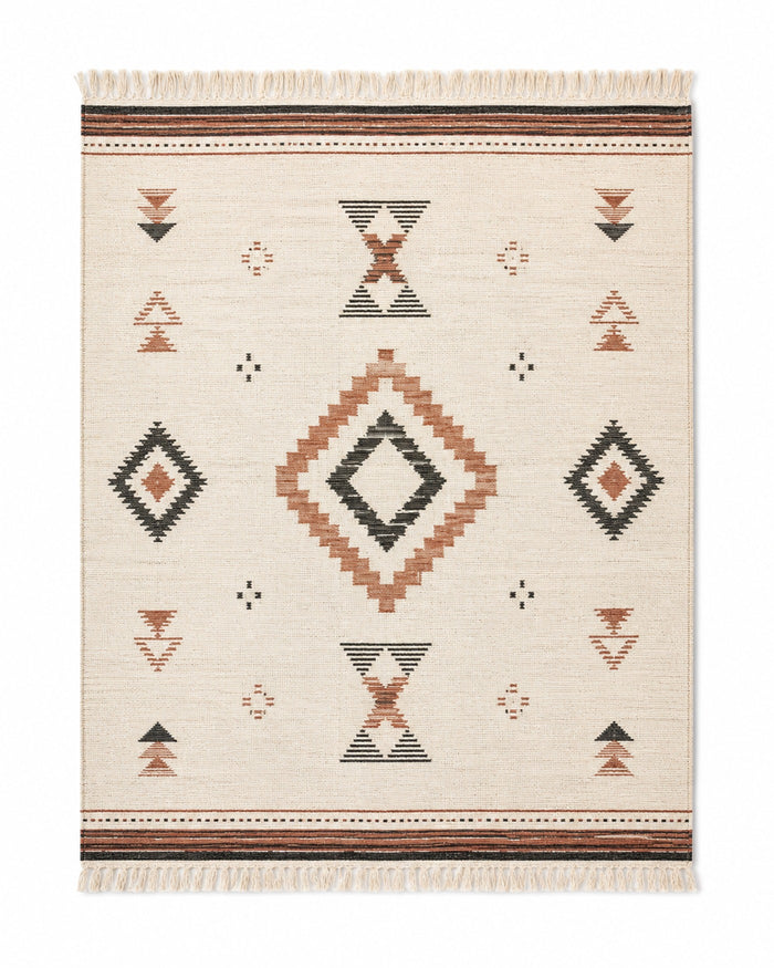 Terracotta charcoal and ivory handwoven cotton rug with centered tribal geometric motifs
