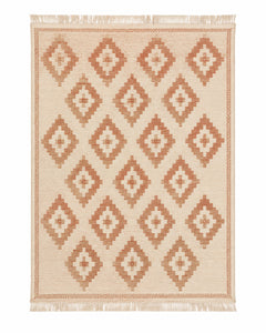 Terracotta and ivory handwoven cotton rug with diamond pattern and fringe