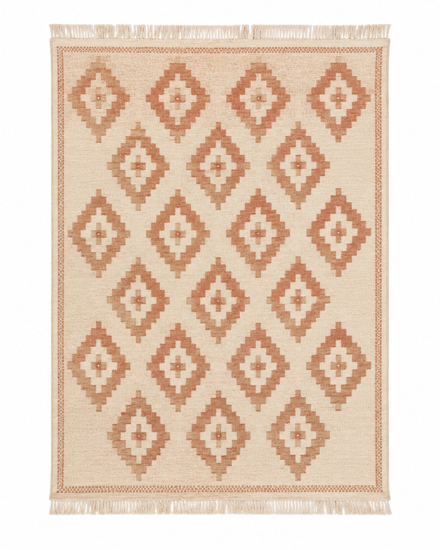 Terracotta and ivory handwoven cotton rug with diamond pattern and fringe