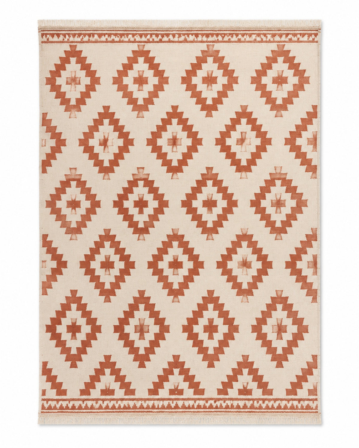 Terracotta and ivory handwoven cotton rug with large diamond geometric repeat