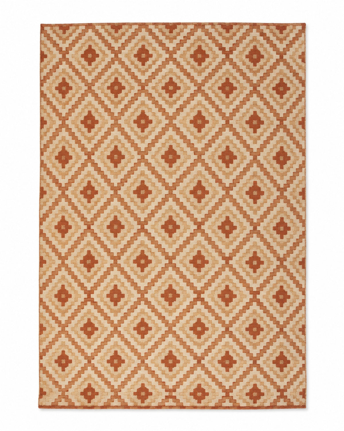 Terracotta and ivory handwoven cotton rug with repeating diamond lattice pattern