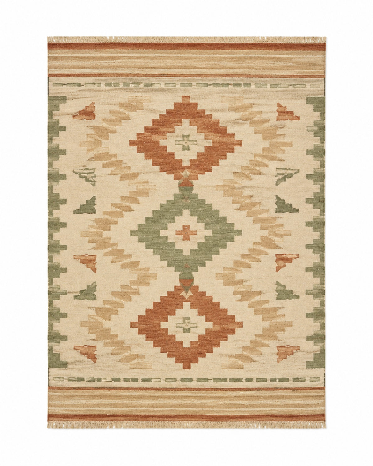 Terracotta sage and beige handwoven cotton rug with large tribal diamond motifs