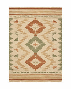 Terracotta sage and beige handwoven cotton rug with large tribal diamond motifs