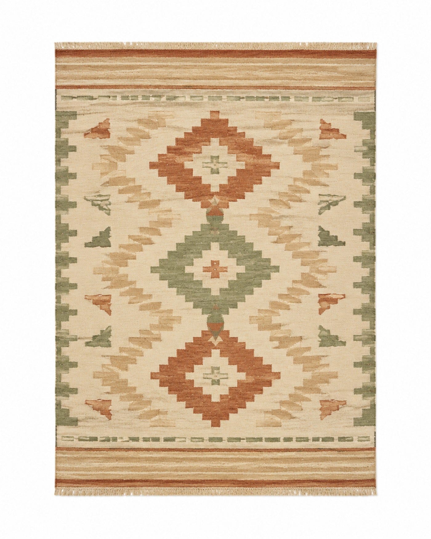Terracotta sage and beige handwoven cotton rug with large tribal diamond motifs