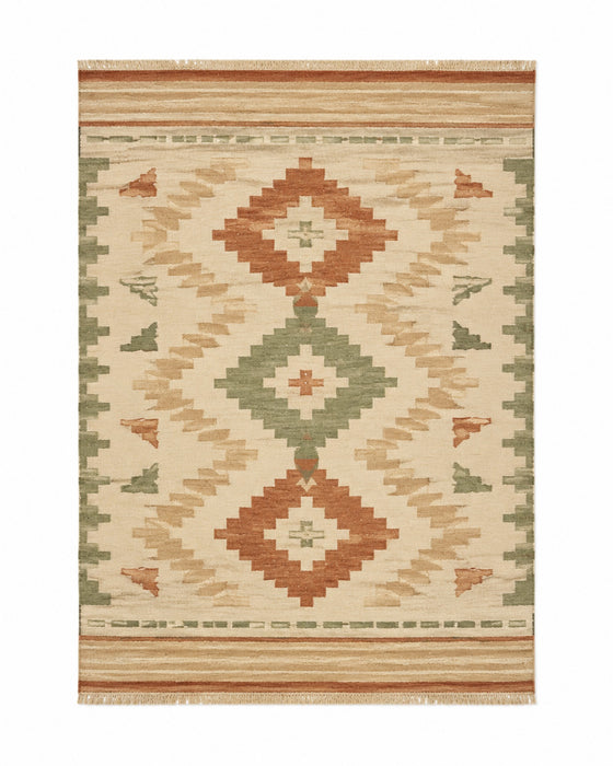 Terracotta sage and beige handwoven cotton rug with large tribal diamond motifs