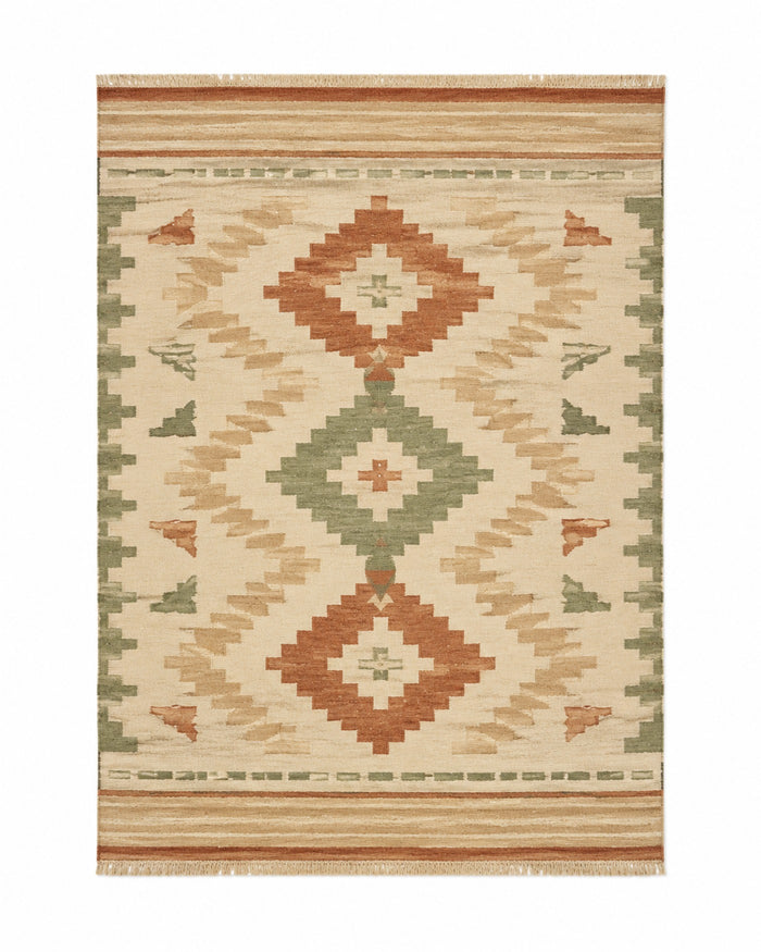 Terracotta sage and beige handwoven cotton rug with large tribal diamond motifs