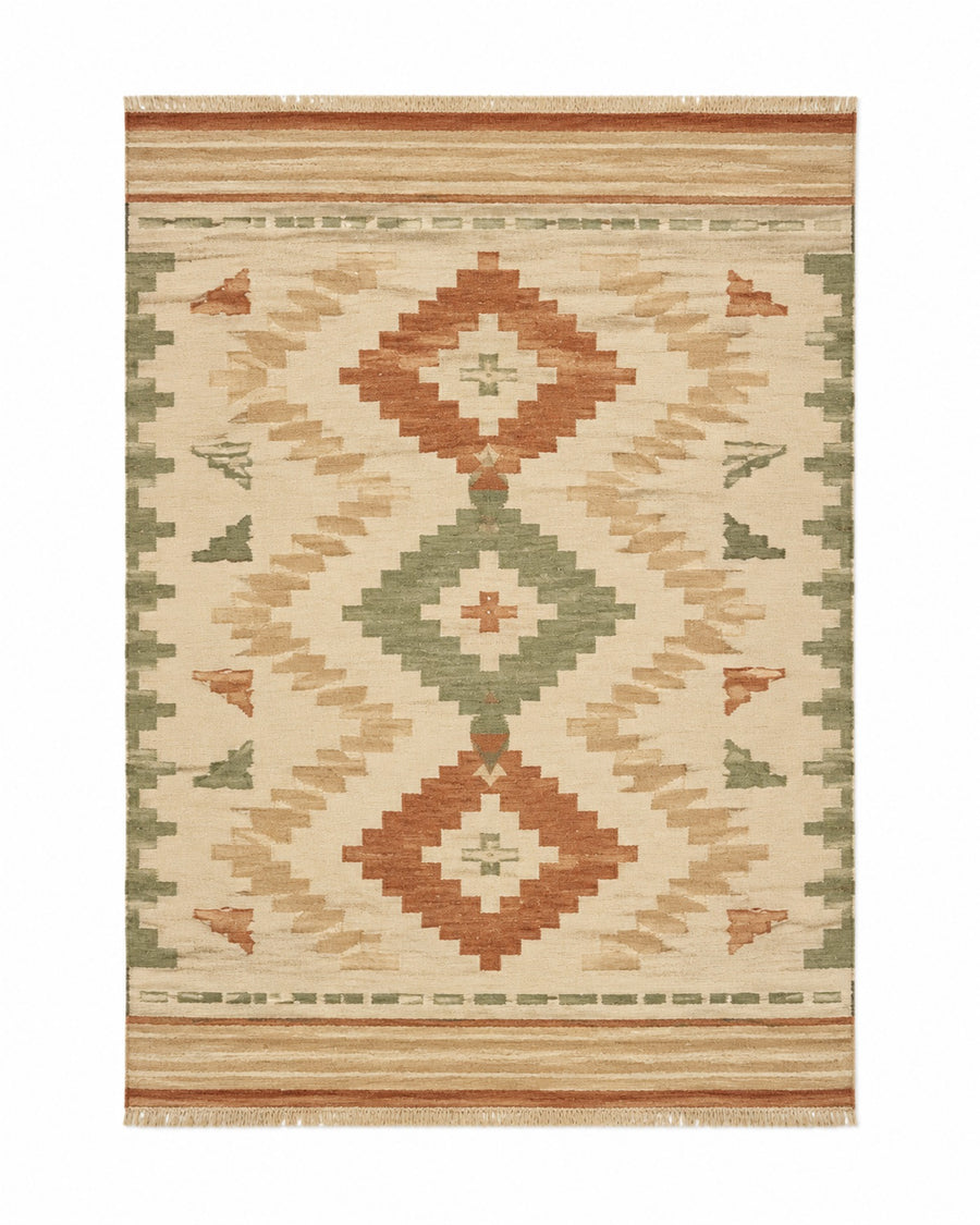 Terracotta sage and beige handwoven cotton rug with large tribal diamond motifs