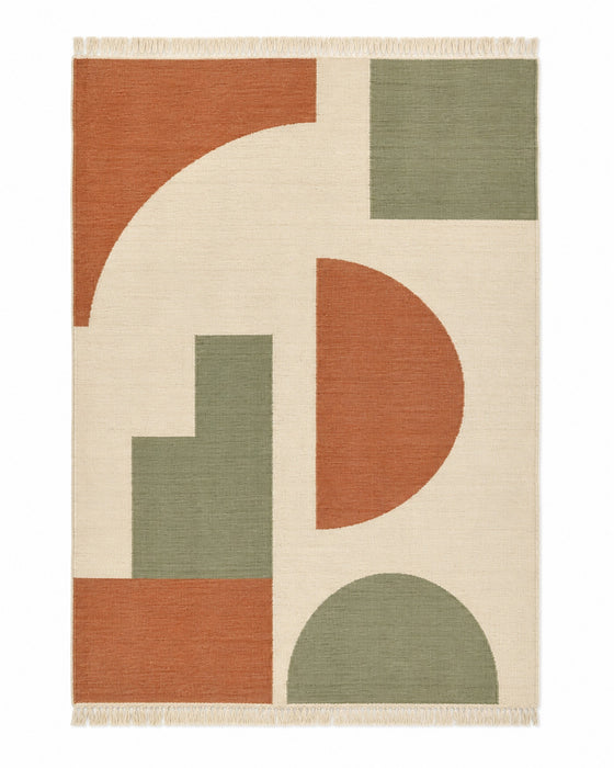 Terracotta sage and cream handwoven cotton rug with abstract geometric shapes and fringe