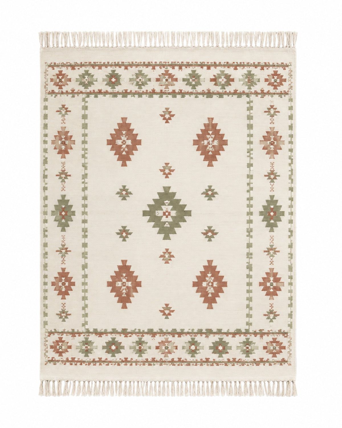 Terracotta sage and ivory handwoven cotton rug with tribal border motifs and fringe