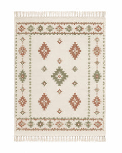 Terracotta sage and ivory handwoven cotton rug with tribal border motifs and fringe
