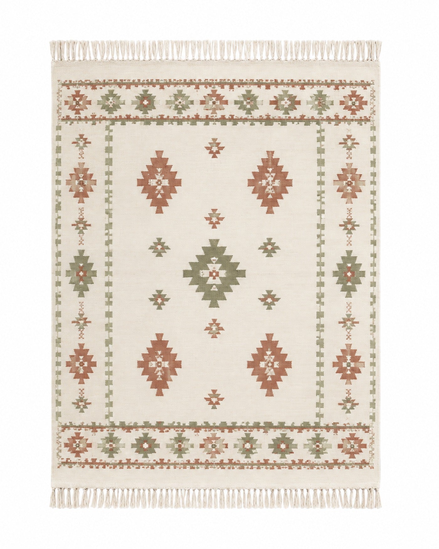 Terracotta sage and ivory handwoven cotton rug with tribal border motifs and fringe