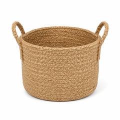 Handwoven natural jute round storage basket with loop handles for wholesale home organization - Primeval
