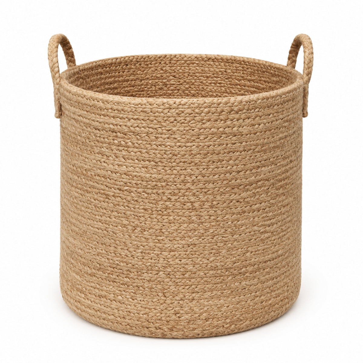 Tall handwoven natural jute storage and laundry basket with loop handles for wholesale home decor - Primeval