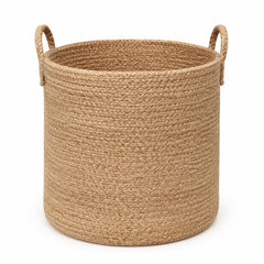 Tall handwoven natural jute storage and laundry basket with loop handles for wholesale home decor - Primeval