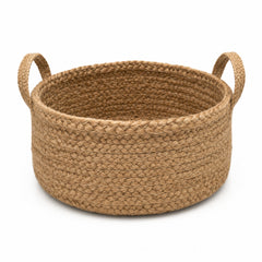 Low round braided natural jute storage basket with handles for wholesale home organization - Primeval