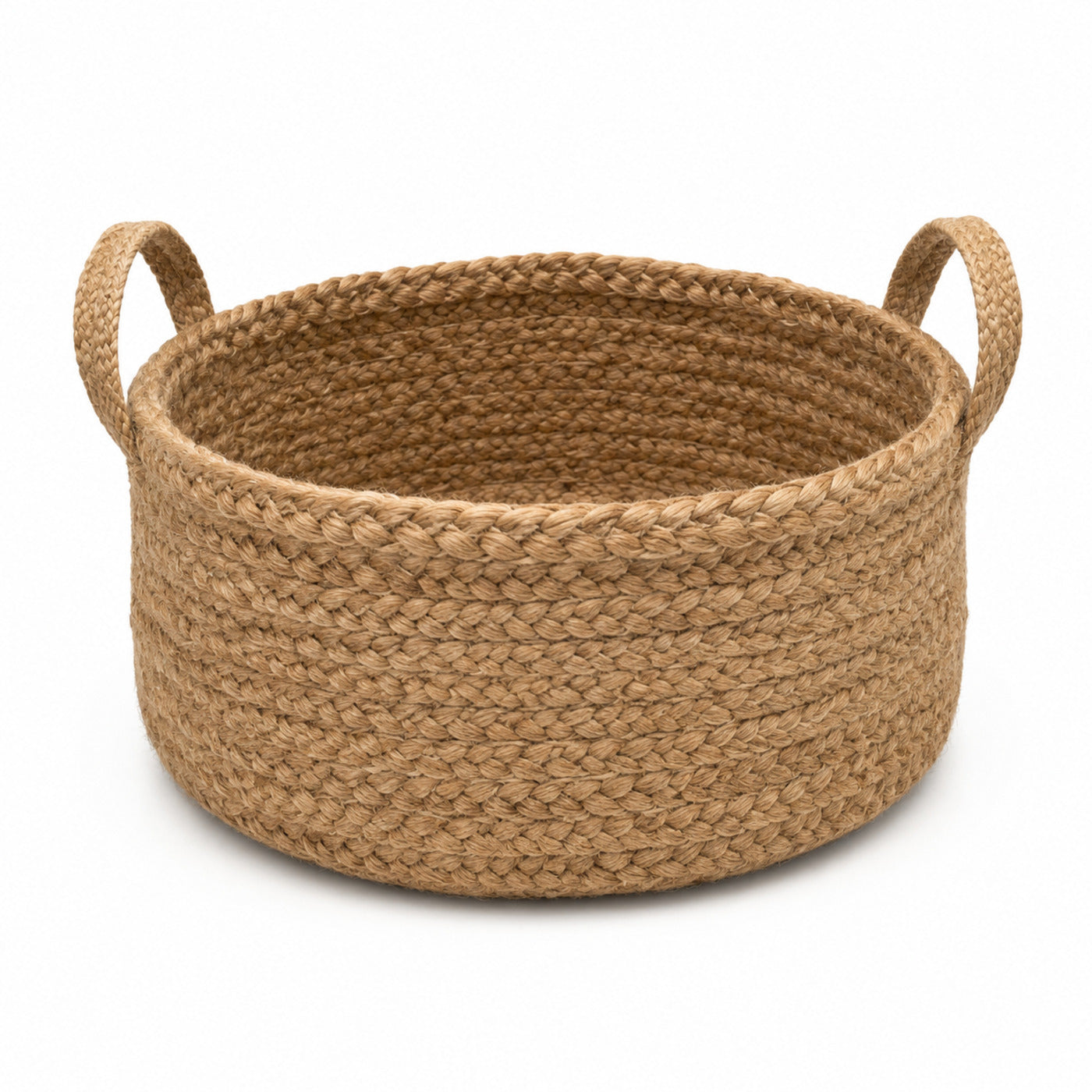 Low round braided natural jute storage basket with handles for wholesale home organization - Primeval
