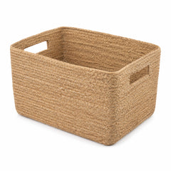 Rectangular handwoven natural jute storage bin with cutout handles for shelf organization and wholesale home decor - Primeval