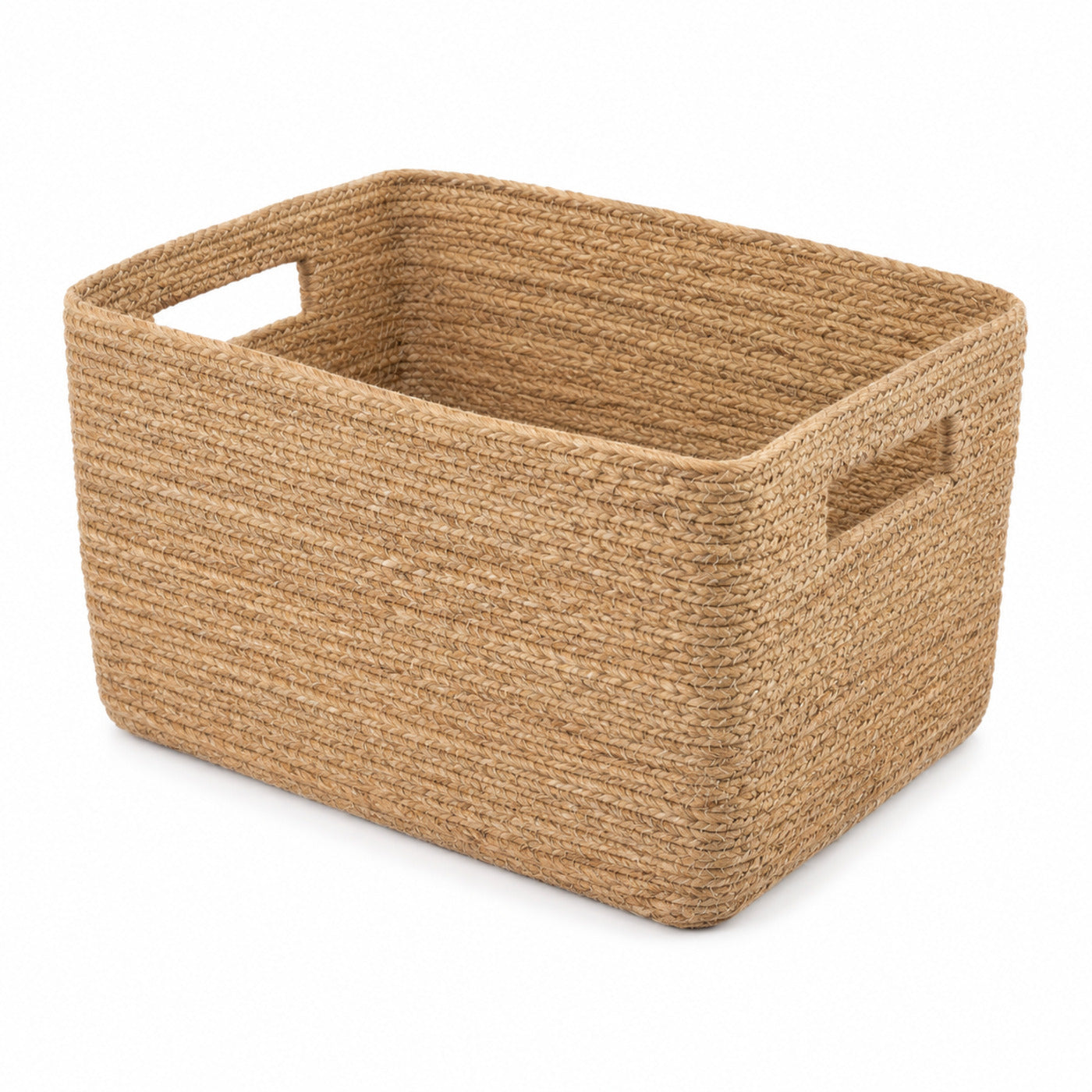 Rectangular handwoven natural jute storage bin with cutout handles for shelf organization and wholesale home decor - Primeval