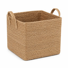 Tall square handwoven natural jute storage basket with loop handles for wholesale home organization - Primeval