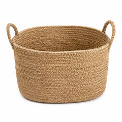Wide round handwoven natural jute storage basket with loop handles for blankets and wholesale home organization - Primeval