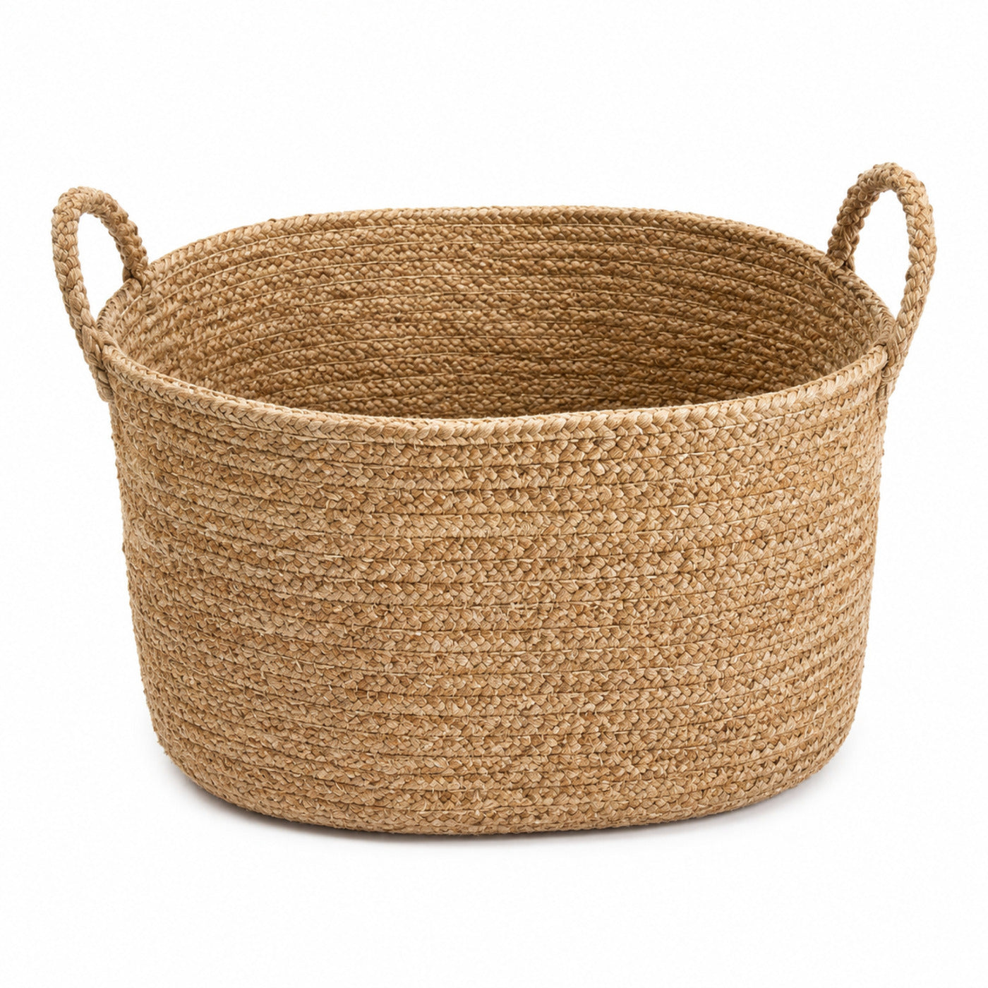 Wide round handwoven natural jute storage basket with loop handles for blankets and wholesale home organization - Primeval