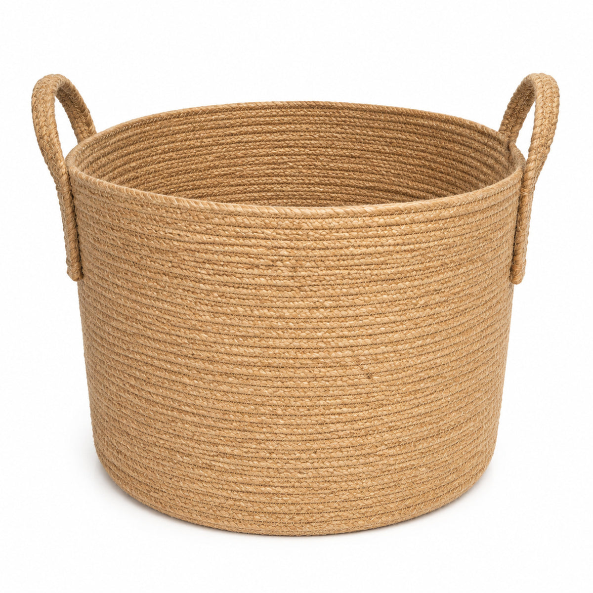 Tapered round handwoven natural jute storage basket with loop handles for modern wholesale home organization - Primeval