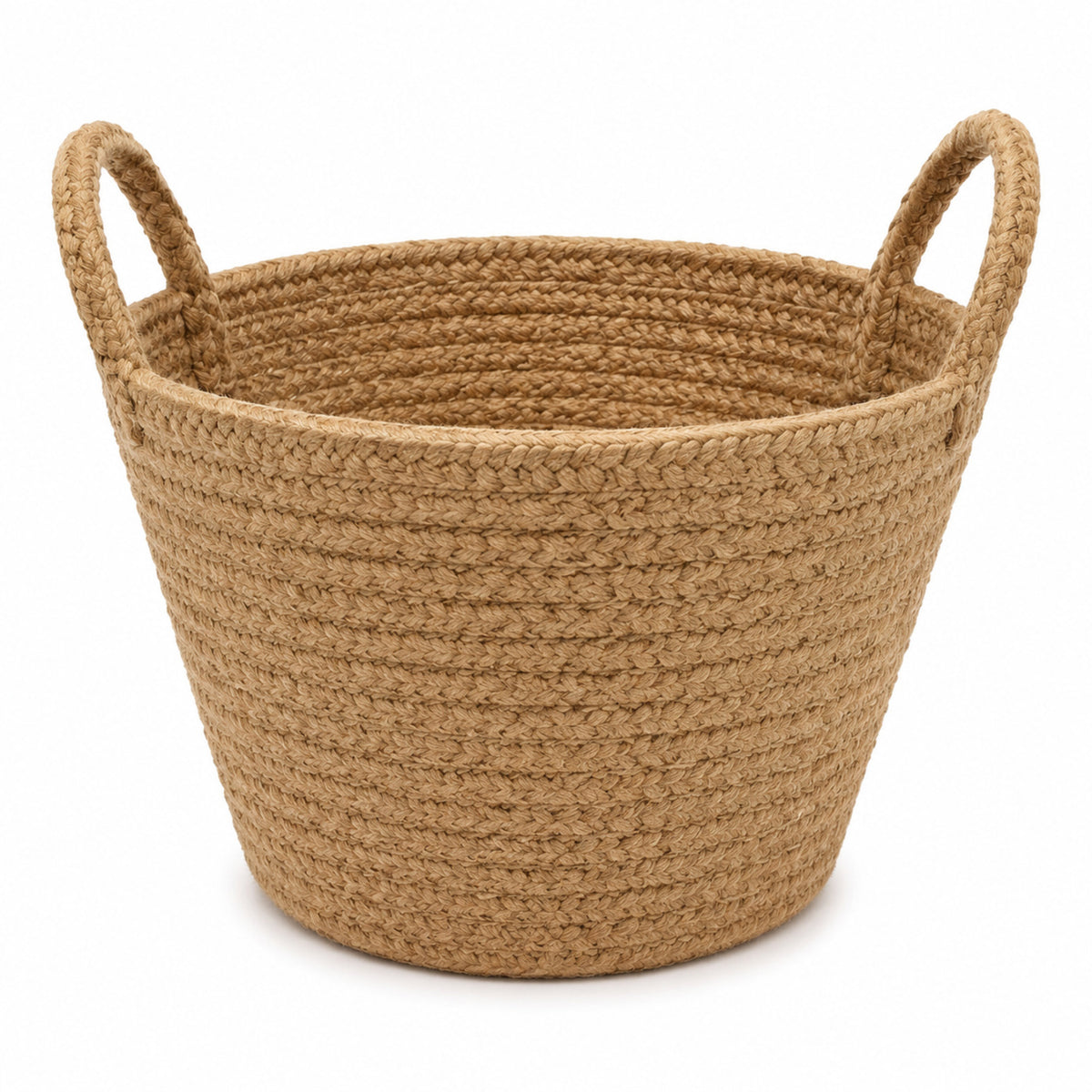 Tapered braided natural jute storage basket with loop handles and textured weave for wholesale home decor - Primeval