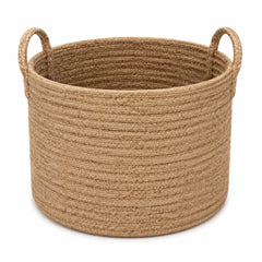 Large round coiled natural jute storage basket with loop handles for blanket storage and wholesale home decor - Primeval