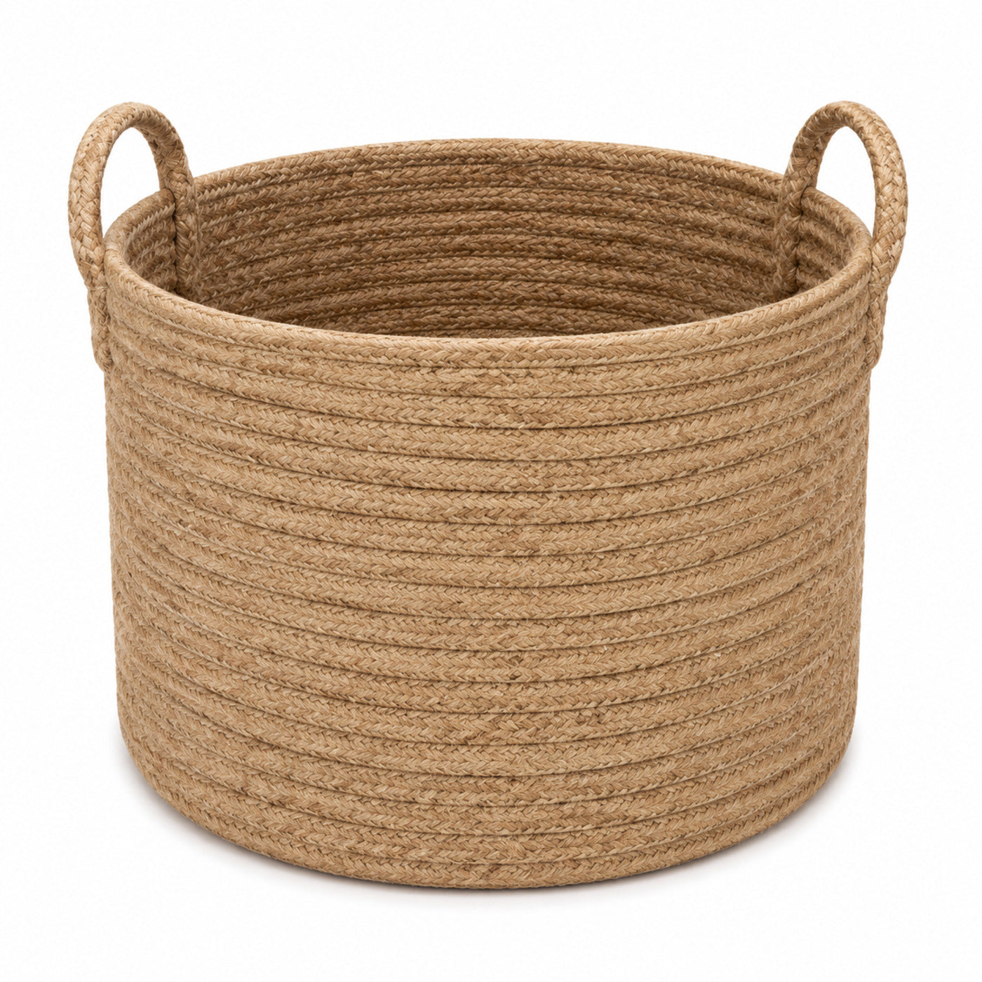 Large round coiled natural jute storage basket with loop handles for blanket storage and wholesale home decor - Primeval