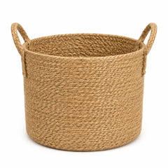 Tall round braided natural jute storage basket with loop handles for wholesale home organization - Primeval