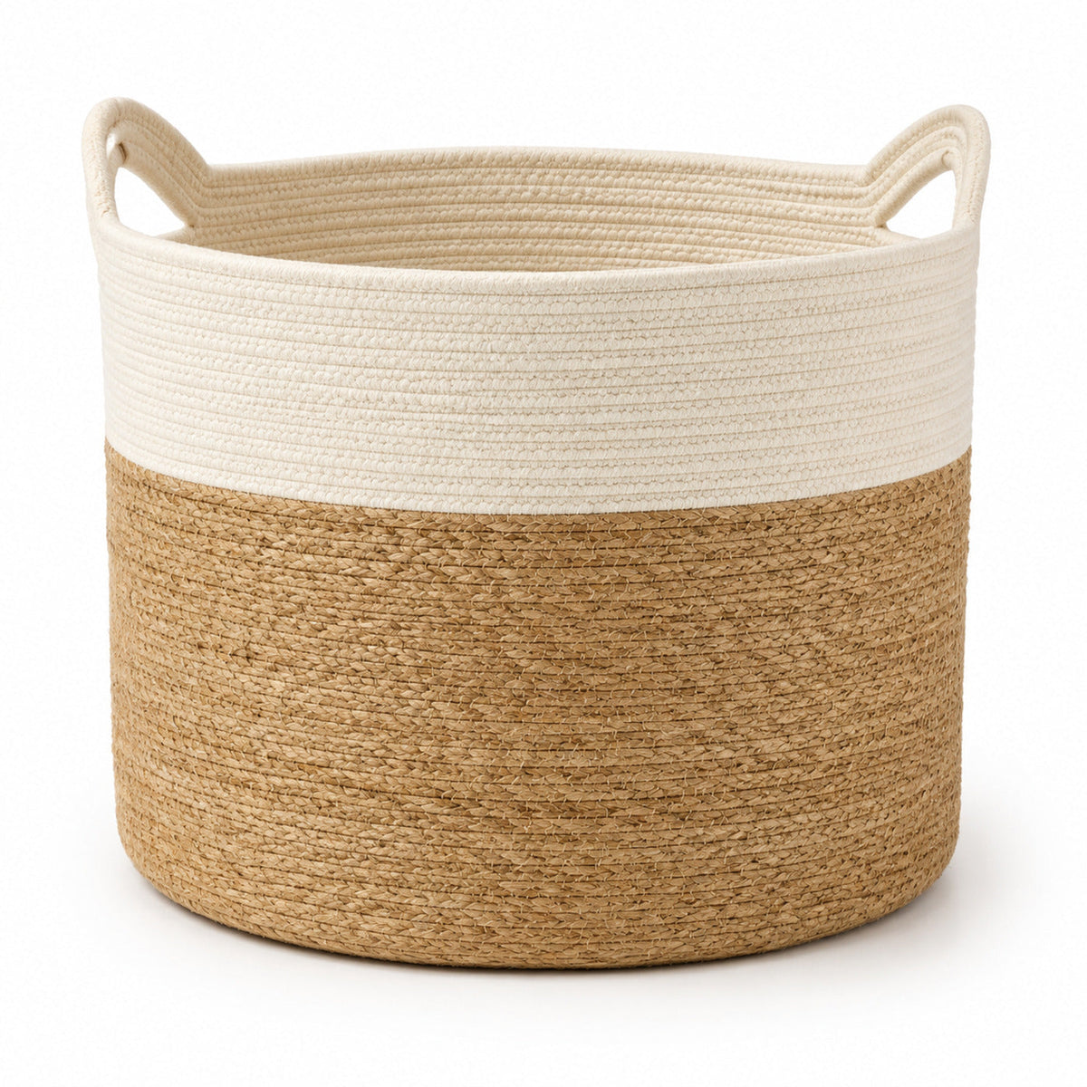 Two-tone natural tan and ivory handwoven jute storage basket with loop handles for wholesale home organization - Primeval