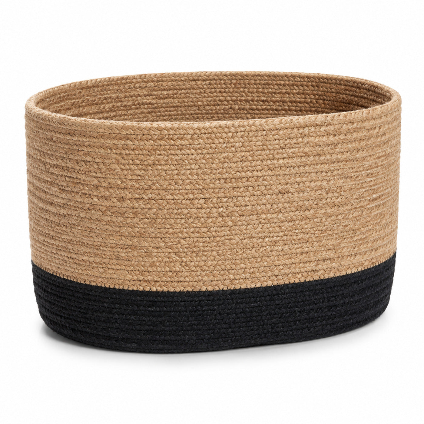 Natural handwoven jute round storage basket with black woven base for modern wholesale home decor - Primeval