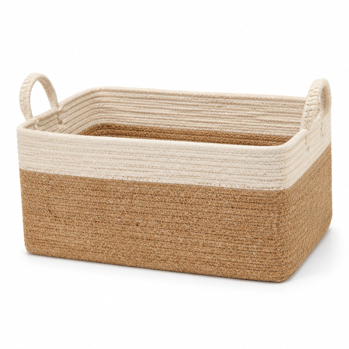 Rectangular natural and ivory handwoven jute storage basket with side handles for shelf organization - Primeval