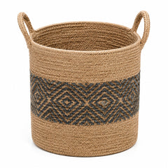 Tall natural handwoven jute storage basket with dark geometric diamond band and handles for wholesale home decor - Primeval