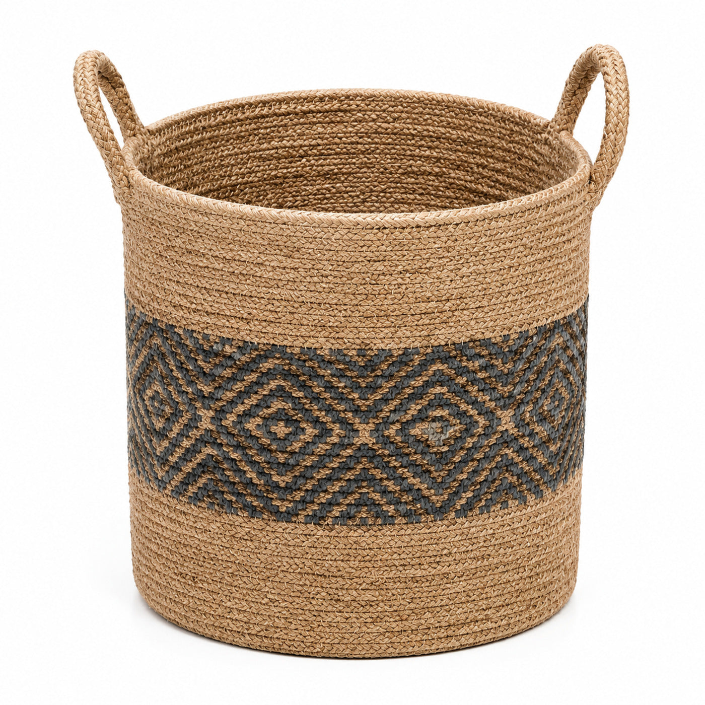 Tall natural handwoven jute storage basket with dark geometric diamond band and handles for wholesale home decor - Primeval