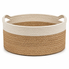 Low round natural and ivory handwoven jute storage basket with side handles for wholesale home organization - Primeval