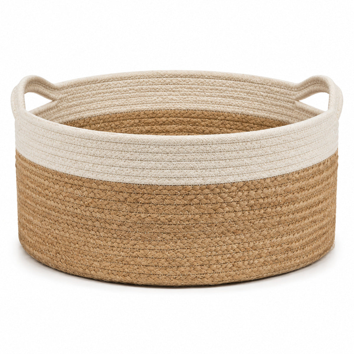 Low round natural and ivory handwoven jute storage basket with side handles for wholesale home organization - Primeval