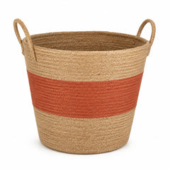 Tapered natural handwoven jute storage basket with warm rust stripe and loop handles for wholesale home decor - Primeval