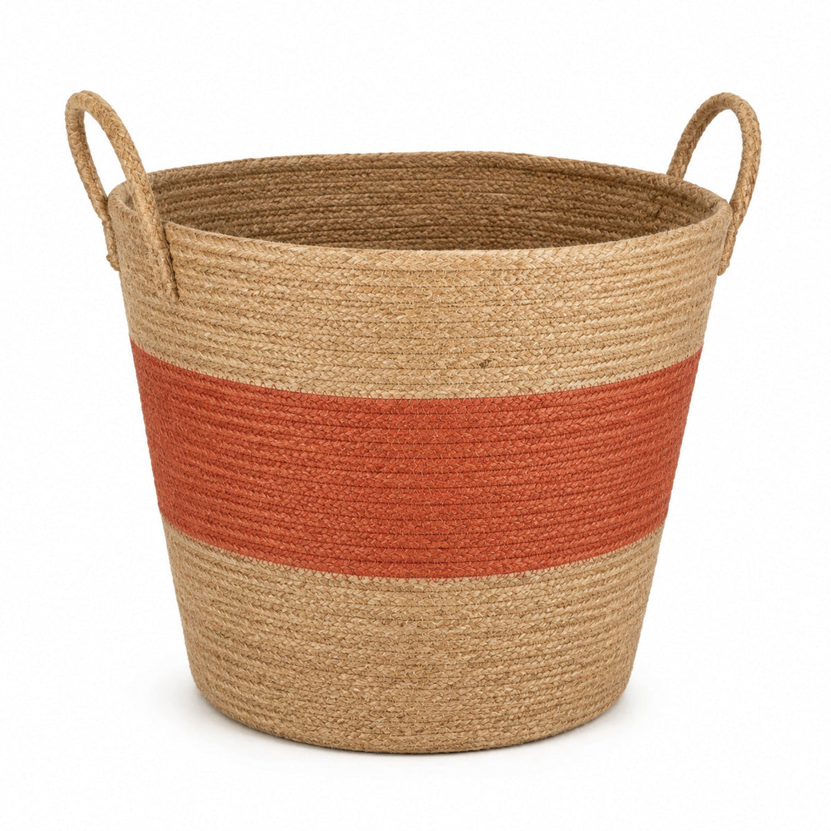 Tapered natural handwoven jute storage basket with warm rust stripe and loop handles for wholesale home decor - Primeval