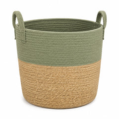 Tall sage green and natural handwoven jute storage basket with loop handles for wholesale home organization - Primeval