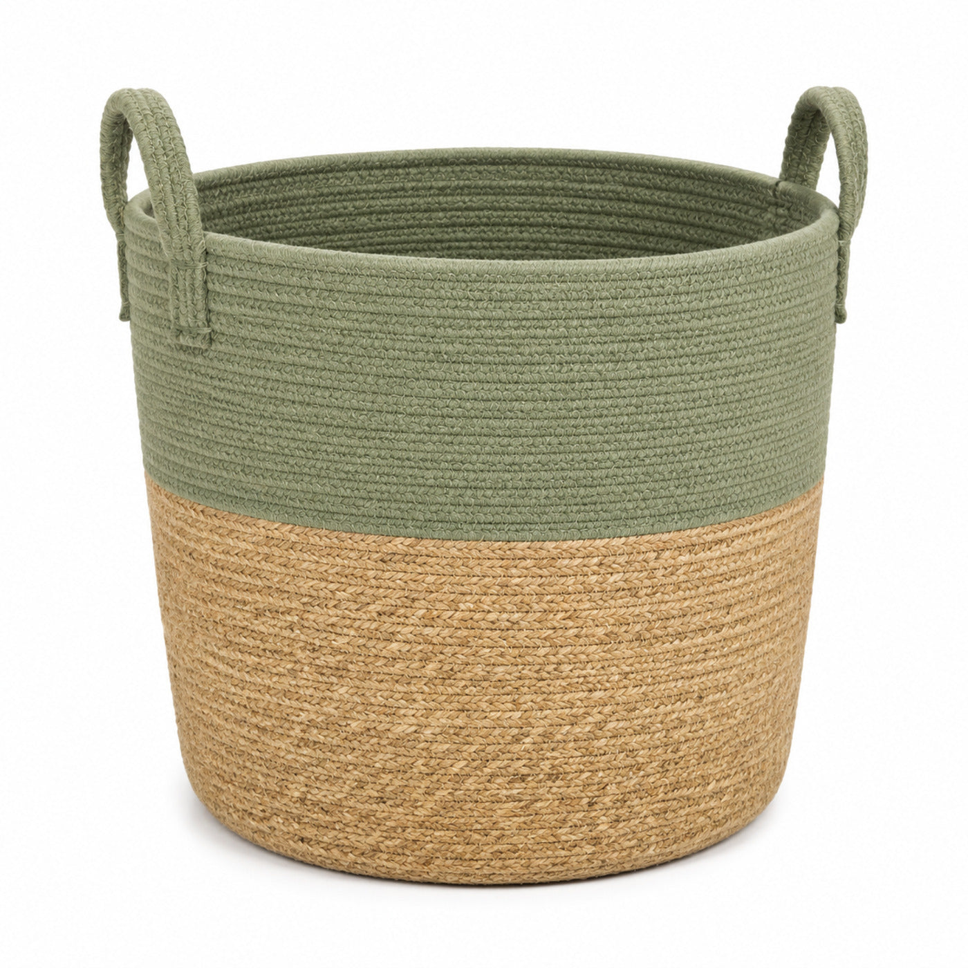 Tall sage green and natural handwoven jute storage basket with loop handles for wholesale home organization - Primeval