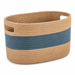 Oval natural handwoven jute storage basket with muted blue stripe and cutout handles for wholesale home decor - Primeval