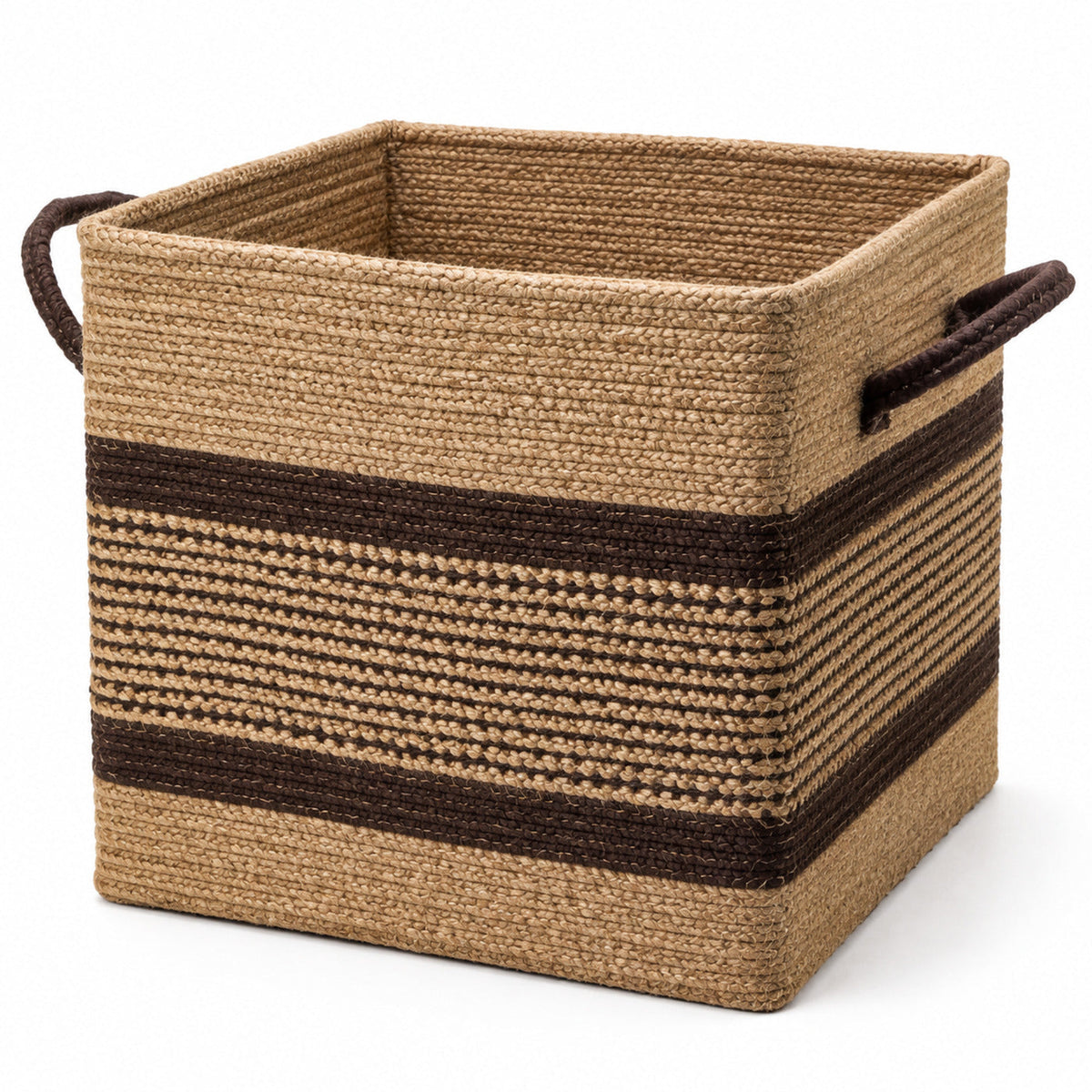 Square natural handwoven jute storage basket with dark brown patterned bands and side handles for wholesale home organization - Primeval