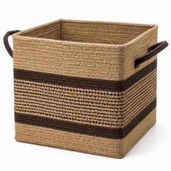 Square natural handwoven jute storage basket with dark brown patterned bands and side handles for wholesale home organization - Primeval