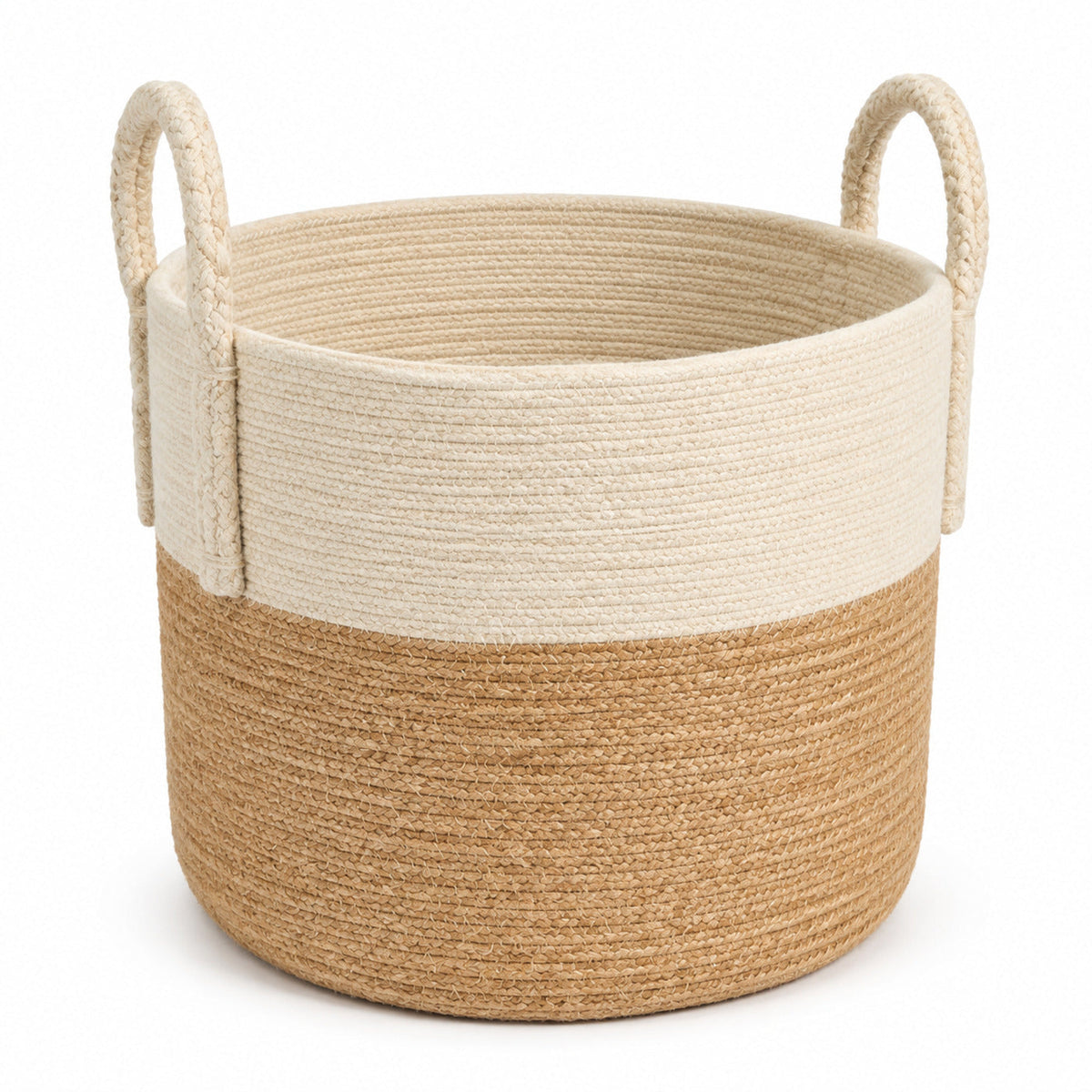 Round natural and ivory handwoven jute storage basket with tall loop handles for wholesale home organization - Primeval