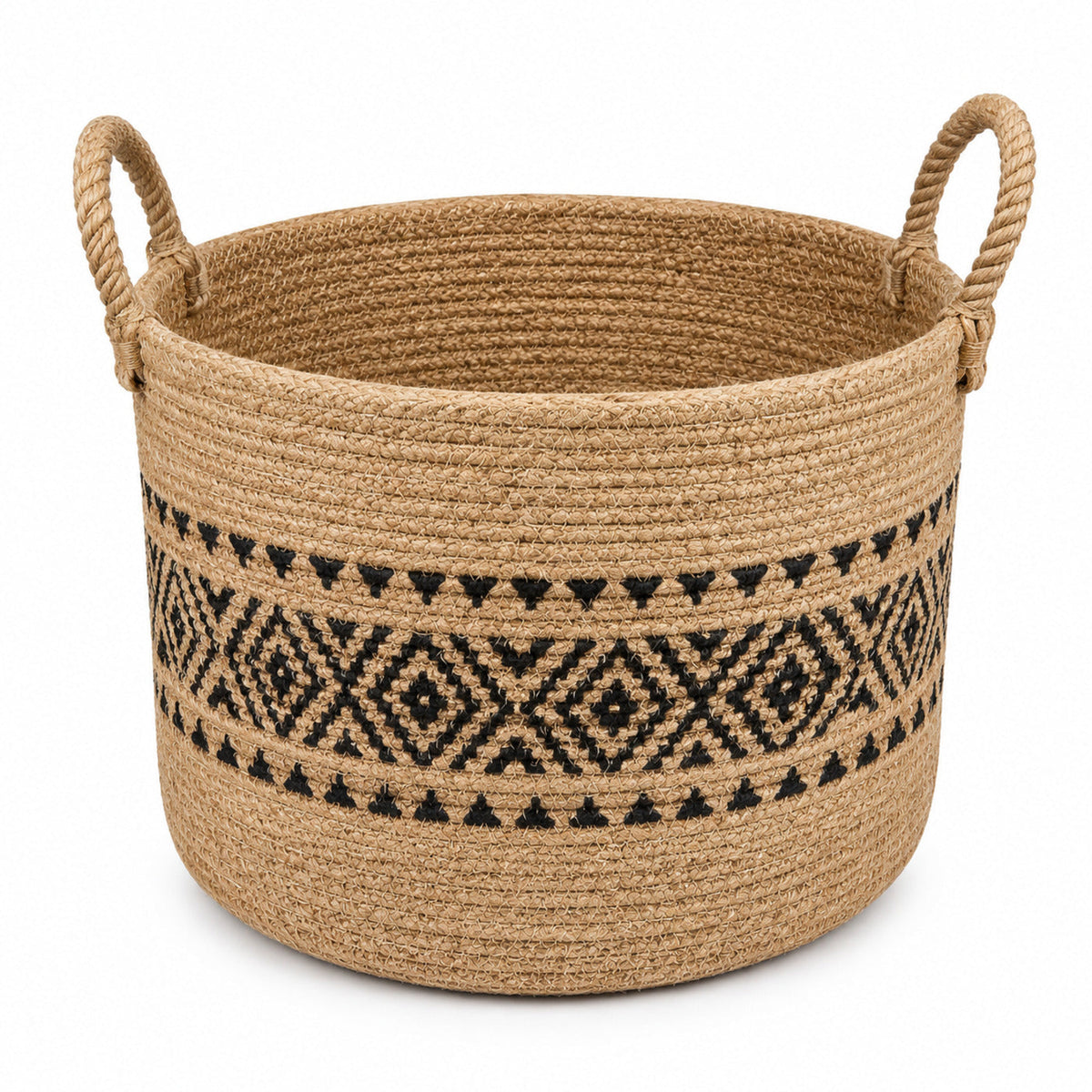 Tapered handwoven natural jute storage basket with tall loop handles for floor organization - Primeval