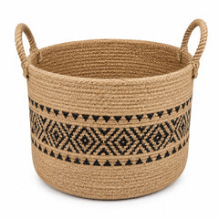 Tapered handwoven natural jute storage basket with tall loop handles for floor organization - Primeval