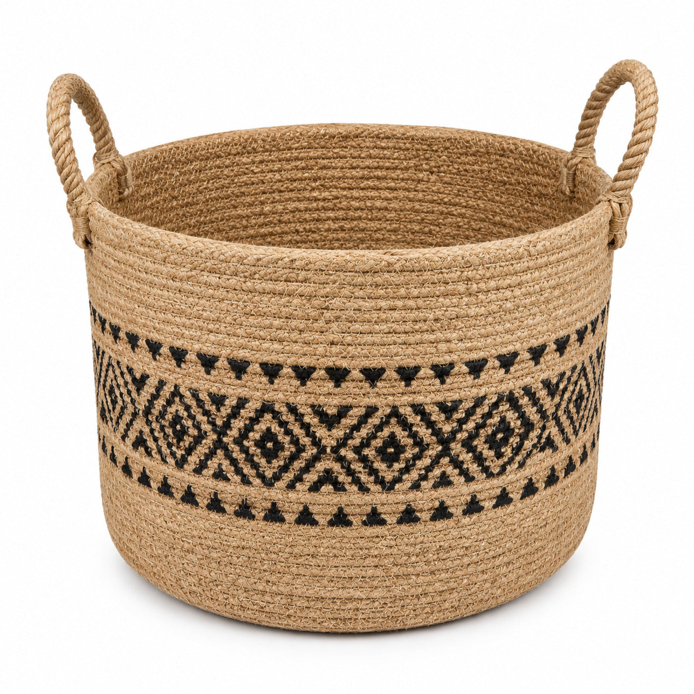 Tapered handwoven natural jute storage basket with tall loop handles for floor organization - Primeval
