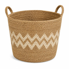 Textured handwoven natural jute storage basket with braided horizontal bands and handles - Primeval