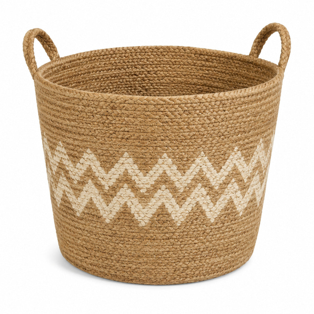 Textured handwoven natural jute storage basket with braided horizontal bands and handles - Primeval